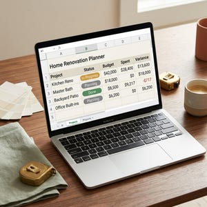 Op de afbeelding: Een zilveren laptop met een "Home Renovation Planner" spreadsheet op een houten bureau. Het scherm toont projectstatussen, budgetten en afwijkingen. Een meetlint, kleurstalen, een mok en een linnen servet liggen ook op het bureau.