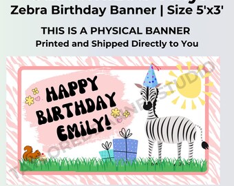 Personalized Zebra Birthday Banner | Pink Safari Birthday Banner | Custom Vinyl Birthday Banner | Girl Jungle Party Decoration