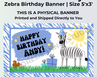 Personalized Zebra Birthday Banner | Blue Safari Birthday Banner | Custom Vinyl Banner | Boy Jungle Party Decoration