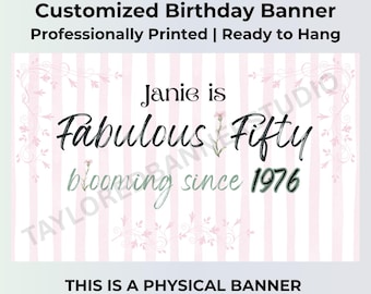 50th Birthday Banner | Pink Floral Garden Party Decor (5ft x 3ft Vinyl)