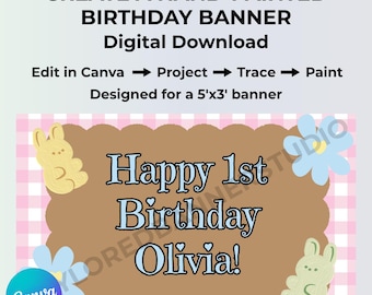 Roze geruite konijntjes verjaardagsbanner sjabloon | Canva feestdecoratie | Maak je eigen banner | Project & Paint