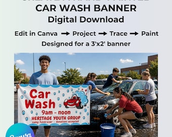 Sjabloon voor spandoek carwash inzamelingsactie | Bewerkbaar in canvas | Bord autowasstraat voor jongeren | 3 x 2 spandoek | Fondsenwerver voor het kamp