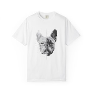Camiseta con estampado de medio rostro de bulldog francés / Ilustración monocromática de perro