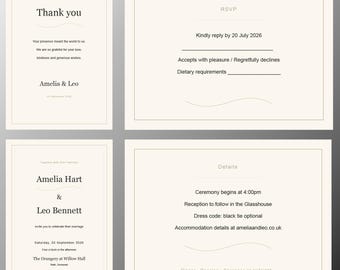 Minimalist Wedding Invitation Template Suite, Editable 5x7 Invite RSVP Details Thank You Cards, Premium Ivory Wedding Stationery SVG PDF