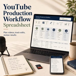May include: A laptop displaying a YouTube Production Workflow Spreadsheet dashboard, a smartphone showing a filming checklist, a notebook with video ideas, a microphone, and an SD card. The screen text reads YouTube Production Workflow.