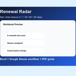 May include: A digital graphic with the text "Renewal Radar" and "See what renews in 7 / 30 / 60 / 90 days." The image includes a "Workbook Preview" section with options for "6 renewals due soon," "Owners assigned," and "Cancel before charge."