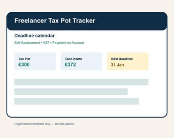 Freelancer Tax Pot Tracker Spreadsheet, Invoice-by-Invoice Set Aside Planner, VAT Savings Pot, Self Assessment Deadline Calendar