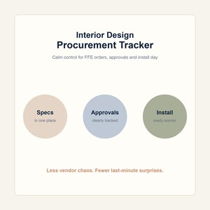Interior Design Procurement Tracker Spreadsheet | FFE Schedule, Client Approval Log, Vendor Tracker and Install Handoff Workbook