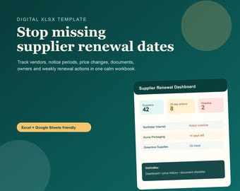 Small Business Supplier Renewal Tracker Spreadsheet, Vendor Contract Dashboard, Price History & Document Checklist