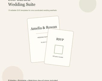 Soft Garden Wedding Invitation Template Bundle, Editable SVG Wedding Stationery Suite, RSVP Details Card, QR Code Invite, Printable Signs