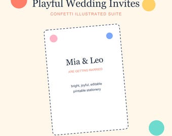 Playful Illustrated Wedding Invitation Suite, Editable Confetti Wedding Invite, RSVP Details Save the Date Thank You Printable Bundle