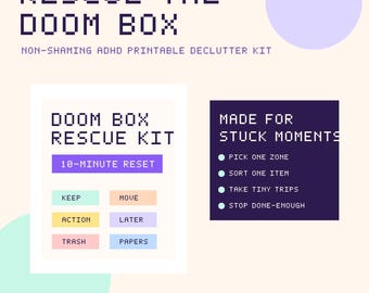 ADHD Doom Box Rescue Kit Printable, Doom Pile Declutter Cards, Executive Dysfunction Cleaning PDF