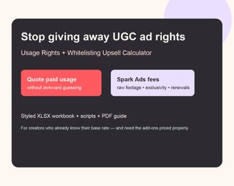 UGC Usage Rights Calculator, Whitelisting Rate Spreadsheet, Creator Pricing Add-On Tracker & Negotiation Scripts