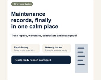 First-Time Homeowner Maintenance Spreadsheet | Repair History Log, Warranty Tracker & Resale Handoff Dashboard