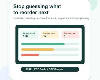 Ecommerce Inventory Reorder Dashboard Spreadsheet | Small Shop Stock Tracker, SKU Planner, Low Stock Alert Excel & Google Sheets Template
