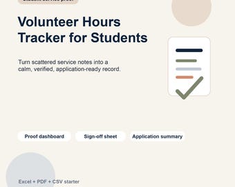 Volunteer Hours Tracker Spreadsheet for Students | Community Service Log, Proof Dashboard & Scholarship Application Record