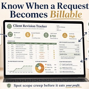 May include: A laptop displays a "Client Revision Tracker" interface, with charts and data related to project revisions and billing. Text includes "Know When a Request Becomes Billable" and "Scope it. Track it. Protect it. Profit."
