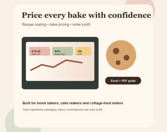 Home Bakery Recipe Cost Calculator Spreadsheet, Cake Pricing Workbook, Ingredient Cost Tracker, Order Profit Dashboard