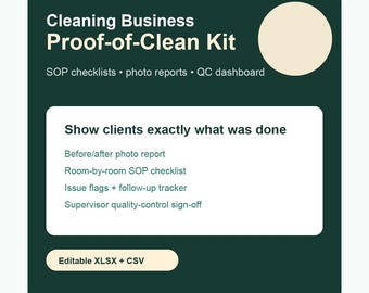 Cleaning Business Checklist Template, Proof of Clean Photo Report, SOP Forms Bundle, Commercial Cleaning Checklist XLSX CSV