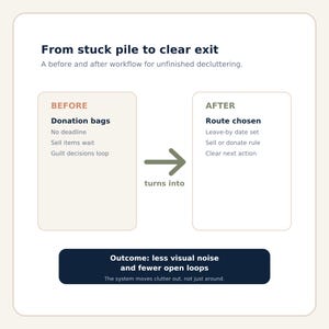 Listing image 3 shows a before and after transformation from donation bags with no deadline and guilt loops into clear routes, leave-by dates and next actions, explaining how the workflow turns stuck piles into calmer exits.