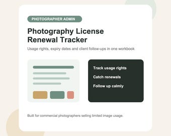 Photography License Renewal Tracker Spreadsheet for Photographers | Usage Rights & Client Renewal Dashboard
