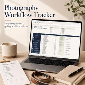 Puede incluir: Un ordenador portátil que muestra una hoja de cálculo Photography Workflow Tracker, una lista de verificación Client Prep Checklist impresa, una taza de cerámica, una correa de cuero para cámara y un cuaderno con un bolígrafo negro.