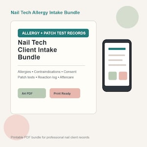 May include: A digital bundle for nail technicians, featuring a white document with the text "Nail Tech Client Intake Bundle" and a smartphone displaying a related interface. Includes sections for allergies, patch tests, and aftercare. The bundle is available as an A4 PDF and print-ready.