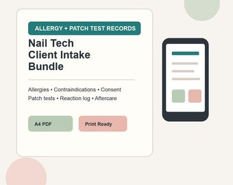 Nail Tech Allergy Intake Form Bundle, Patch Test Record, Client Consent & Aftercare PDF for Nail Salons