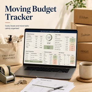 Può includere: Un computer portatile mostra una dashboard digitale per il monitoraggio del budget di trasloco con sezioni per riepilogo budget, attività, confronto preventivi, utenze e tracciamento scatoloni, intitolata Relocation Command Centre.