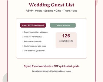 Wedding Guest List Spreadsheet RSVP Tracker | Meal Choice, Seating, Gifts & Headcount Dashboard