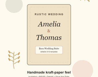 Rustic Kraft Wedding Invitation Suite, Editable SVG Barn Invite RSVP Details Save the Date Thank You Card, Printable Handmade Template