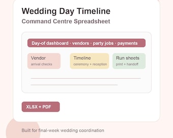 Wedding Day Timeline Command Centre Spreadsheet | Vendor Run Sheet + Party Handoff Tracker