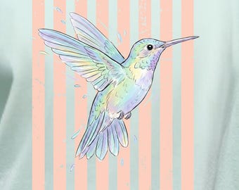 Striped Preppy Hummingbird PNG Retro Pastel Watercolor Bird Coquette T-Shirt Sublimation Design, Digital Download