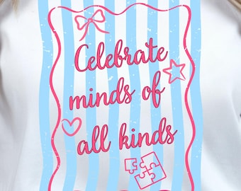 Diseño de camiseta con estampado de rayas sobre neurodiversidad y autismo (PNG), descarga digital.