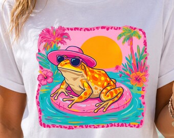 Diseño de sublimación para camiseta de playa femenina colorida y estilo preppy con estampado de rana veraniega retro en formato PNG. Descarga digital.