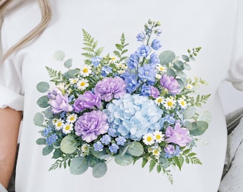 Ramo floral PNG, diseño de camiseta de moda con flores de acuarela y pinceladas veraniegas para sublimación, descarga digital