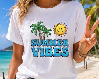 Diseño PNG de tendencia "Summer Vibes", camiseta de playa tropical neón retro Y2K para sublimación, descarga digital.