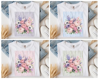 Paquete de imágenes PNG de ramo floral a rayas, diseño de sublimación para camisetas con flores de acuarela y pinceladas de moda, descarga digital.