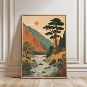 Può includere: Stampa artistica incorniciata raffigurante un fiume che attraversa un canyon. L'opera d'arte presenta una calda tavolozza di colori con scogliere arancioni, montagne verdi e un sole al tramonto. Un grande albero si erge su una collina.