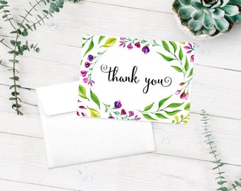 Thank You Card Printable Download Purple Florals Flowers 5.5 x 4 inch