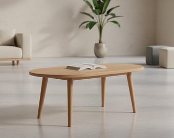 Oval Wood Coffee Table, Japanese Minimalist Floor Desk, Natural Brown Finish