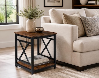 Industrial End Table Rustic Brown Storage Shelf Square Nightstand Metal Frame Accent Table