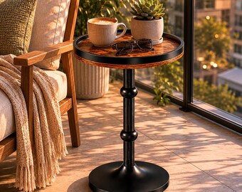 Small Round Rustic Side Table, Black Metal Pedestal Accent Table