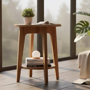 May include: A round wooden side table with four tapered legs and a lower shelf. On the top surface sits a small potted green plant and an open book. The lower shelf holds a stack of three books and a small spherical white lamp with a wooden base.