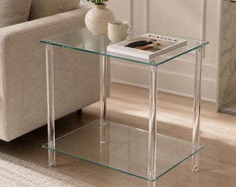 Clear Acrylic End Table, Modern 2-Tier Nightstand with Tempered Glass Shelf