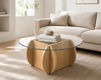 Round Glass Coffee Table, Natural Wood Base, Modern Accent Table
