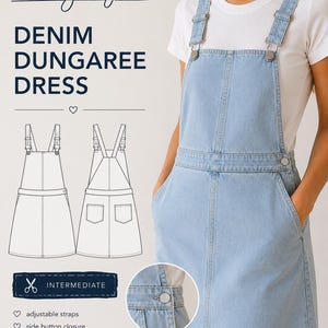 Puede incluir: Patrón de costura de vestido peto vaquero azul claro de sewing beyond. El patrón incluye tirantes ajustables, cierre de botón lateral, dos bolsillos traseros e instrucciones paso a paso.
