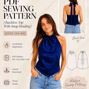 May include: A PDF sewing pattern for a backless top with strap binding, featuring text BEYOND SEWING, SEW IT. LOVE IT. WEAR IT., PDF SEWING PATTERN, Backless Top With Strap Binding, SIZES 34-46, Confident Beginners, PDF Pattern A4 / US Letter / A0, Instant Download, Photo Guide, Back View, and Modern Sewing Patterns FOR EVERYDAY YOU.