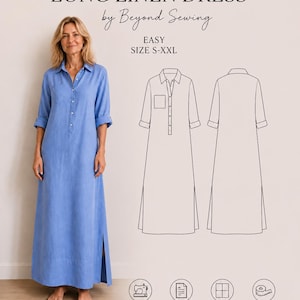 May include: A sewing pattern for a long linen dress by Beyond Sewing, featuring a blue button-down dress with a collar, chest pocket, and side slits. The image includes a technical line drawing of the front and back, with text indicating sizes S-XXL, beginner friendly, step-by-step instructions, and a printable PDF pattern.