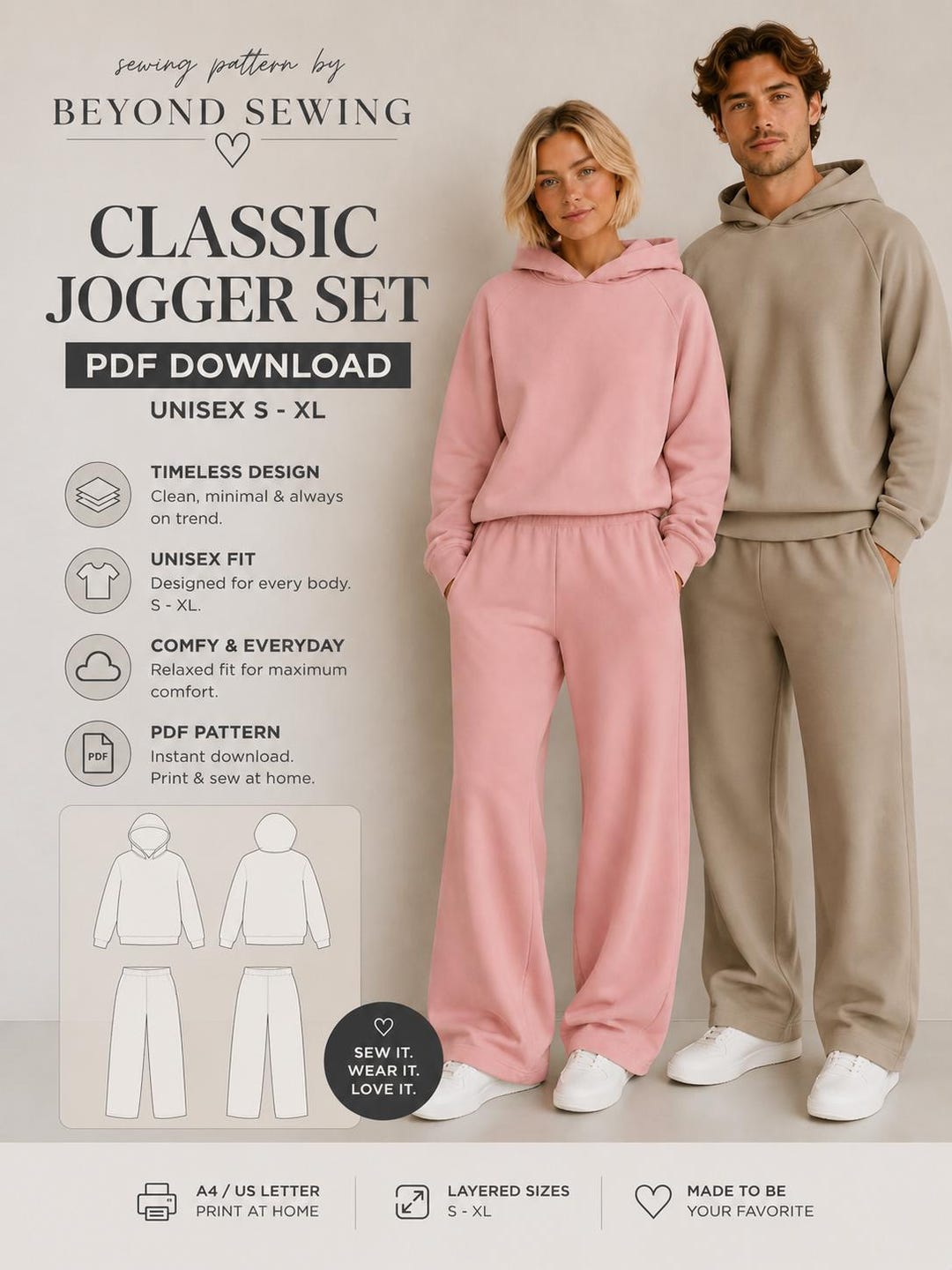 Classic Jogger Set Sewing Pattern PDF Unisex Hoodie and Sweatpants ...